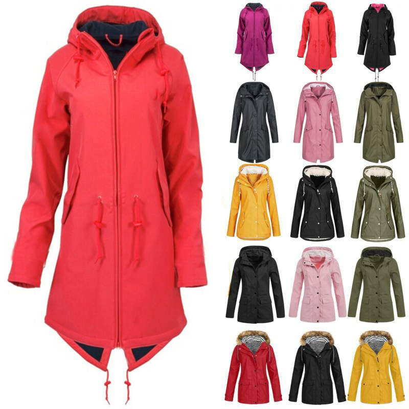 Damen Softshelljacken Mantel Lange Kapuze Windbreaker Wanderjacke Trenchcoat Top