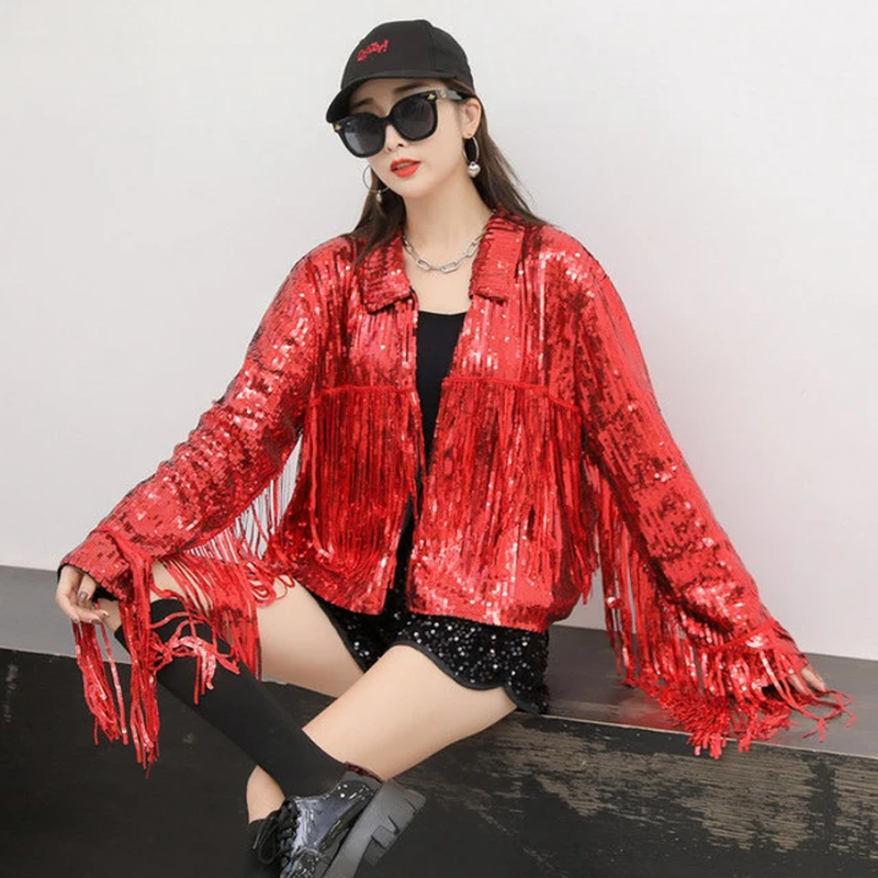 Harajuku Unisex Sequin Fringed Dance Performance Bomber Jacket Beaded Cardigan C