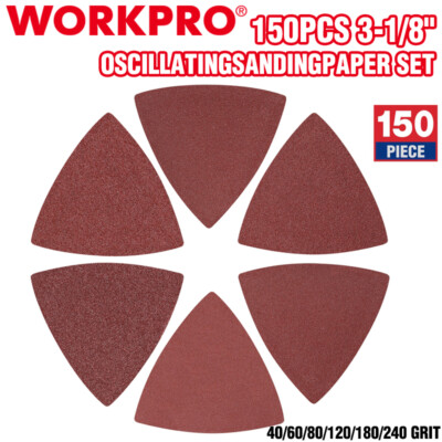 WORKPRO 150PCS Triangle Sanding Pads 3-1/8'' Hook Loop for Oscillating Multi Tool