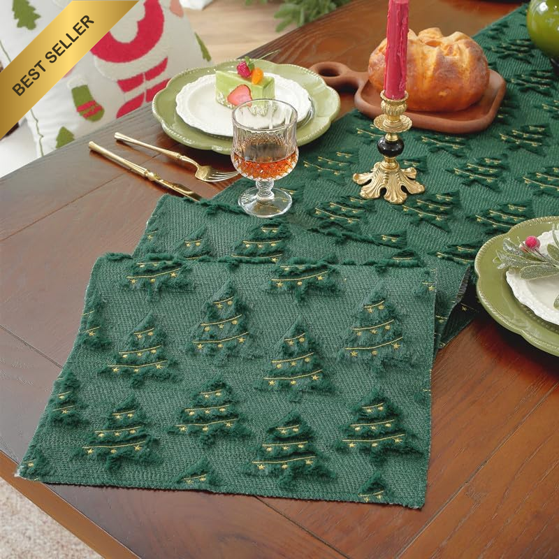 Christmas Trees Stars Green Soft Plush Faux Fur Jacquard Table Runner 13x72 Inch