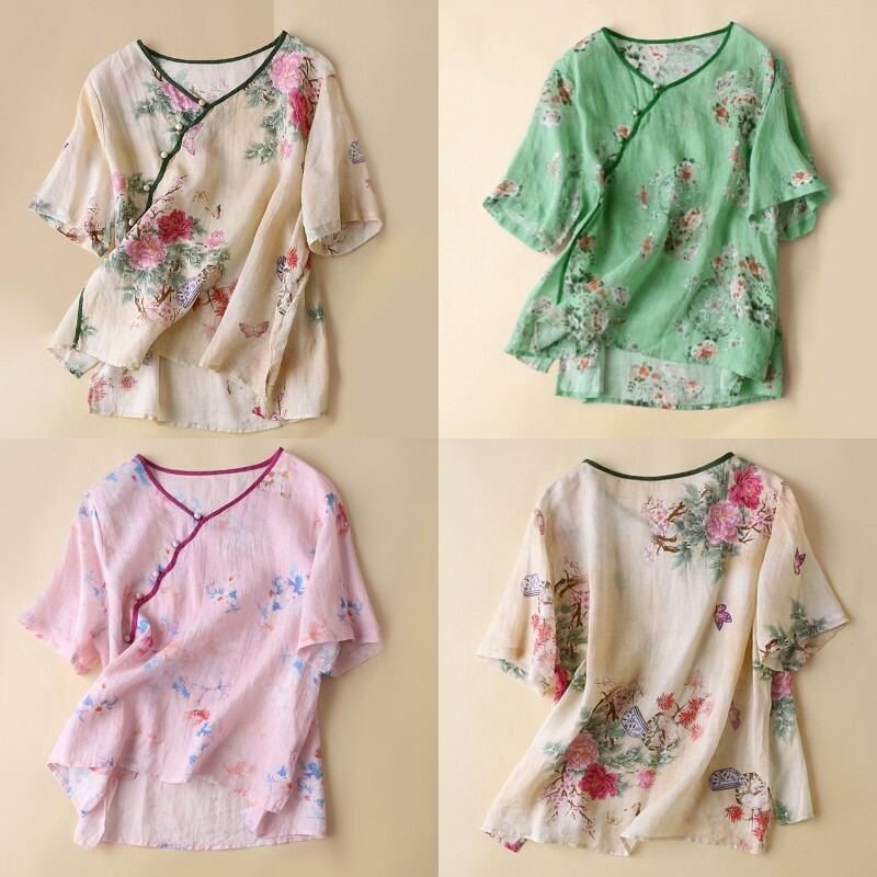 T-shirt Floral Imprimé V Col Loose Taille Plus En Coton Lin Rétro Chinoise