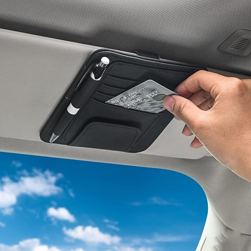 Small Leather Sun Visor Organizer for Car and Truck - Sunglass Holder, Card Slee