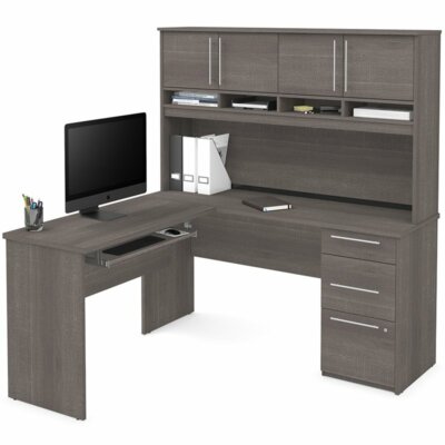 Bestar Innova Plus L Shaped Wood Computer Desk with Hutch in Bark Gray