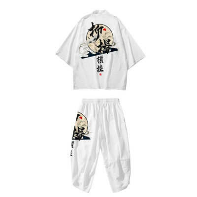 Men Crane Kimono Coat Outwear Top Pants Trousers Japanese Retro Casual Loose