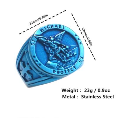 Archangel Steel Blue Ring - Saint Michael Cross Rings Unisex Religious Jewelry