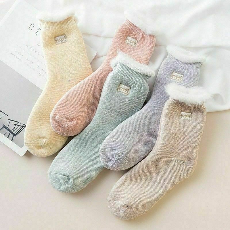 5 Paio Donna Misto Cotone Calzini Ricamato Tinta Fodera Pile Spessa Caldo Comodo