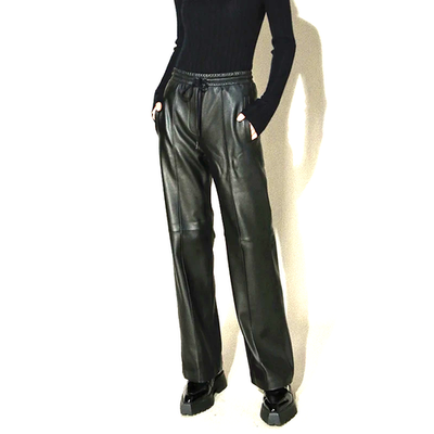 Women's Real Leather Pants Drawstring Mid Waist Wide Leg Relaxed Fit Black/Brown