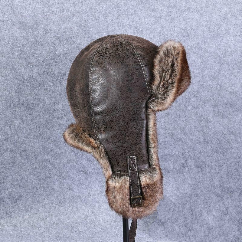 Men Faux Leather Fur Aviator Trapper Hat Cap Flying Ushanka Beanie Winter Ski