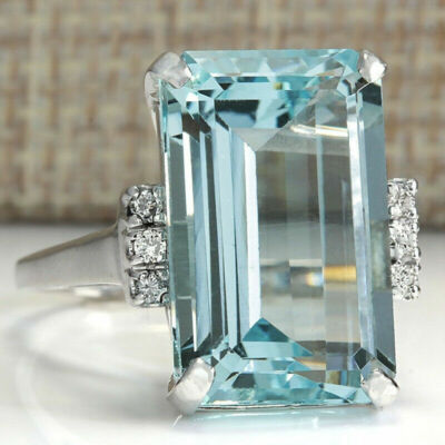 Elegant Princess Cut Aquamarine Silver Plated for Women Siz 6-10 Simulated glass
