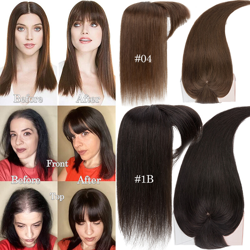 100% Remy Human Hair Topper Toupee Clip In Top Hairpiece with Bangs Mono Base
