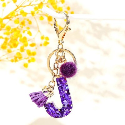 Cute Purple Initial Letter Keychains Small Fur Ball With Tassel Keychain Charms