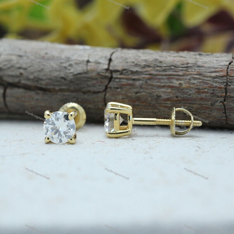 1ct Round Moissanite Screw Back Solitaire Stud Earrings 14K Yellow Gold Plated