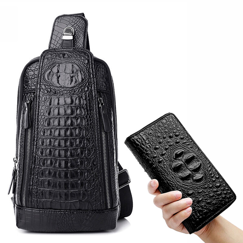 Men's Leather Crocodile Pattern Sling Shoulder Bag Crossbody Bags Clutch Wallet