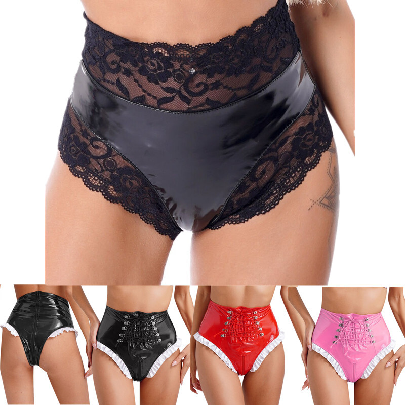 Womens Sexy Patent Leather Panties Maid Knicker Lingerie Thongs High Rise Briefs Womens Sexy Patent Leather Panties Maid Knicker Lingerie Thongs High Rise Briefs