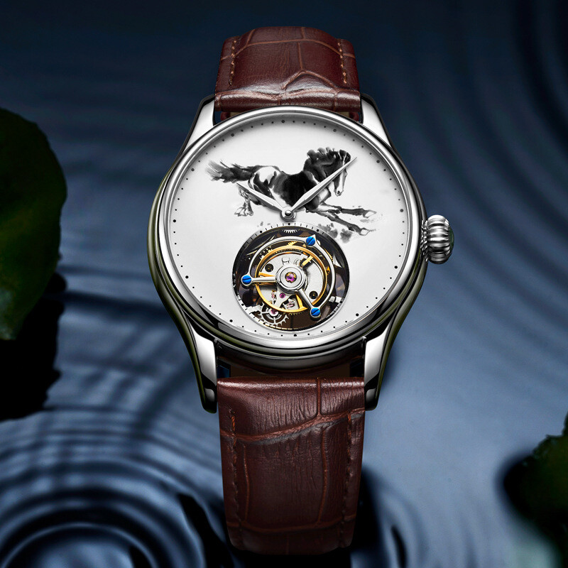 Pre-owned Aesop Watch Waterproof Tourbillon Mechanical Wristwatch With Ink Painting Dial In Silver