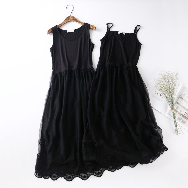 Damen Midi Unterkleid Unterrock Spitzenrand Spaghetti Träger Sommer Chic
