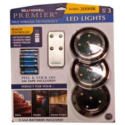 Bell Howell Under Cabinet Wireless LED Puck Lights with Remote Battery 3 Pack