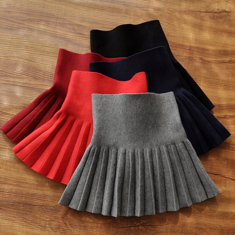 Kids Girls Knitted Frill Skirt Pleated High Waist Solid Casual Stage Winter Chic