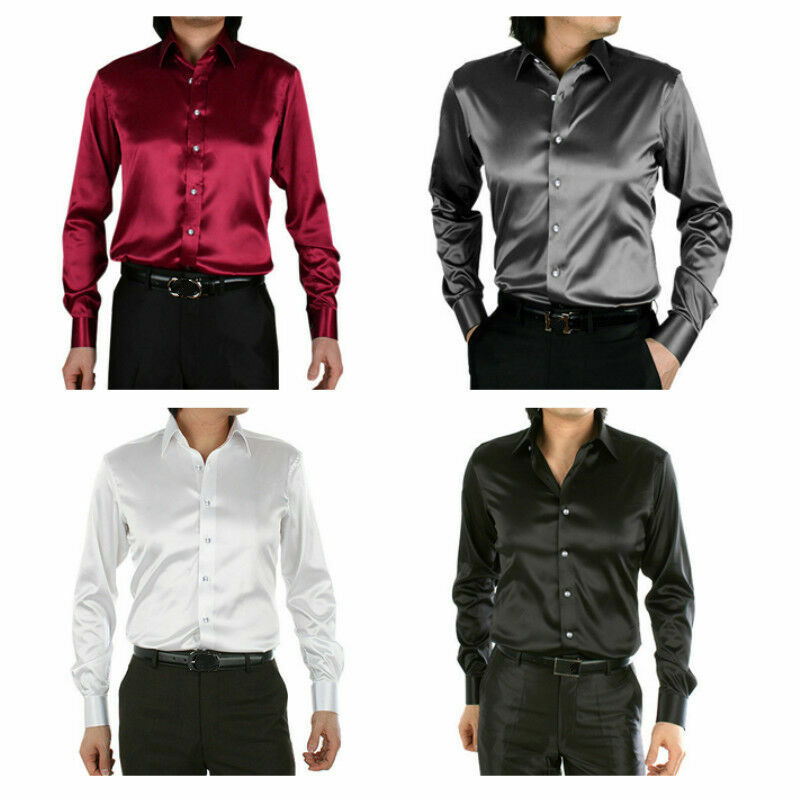 Herren Faux-Seiden Damast Hemd Langarm Mit Knöpfen Business Formal Schwarz