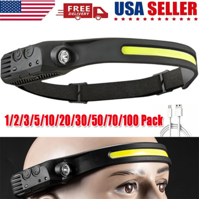 COB LED Headlamp USB Rechargeable Headlight Torch Work Light Bar Head Band Lamp