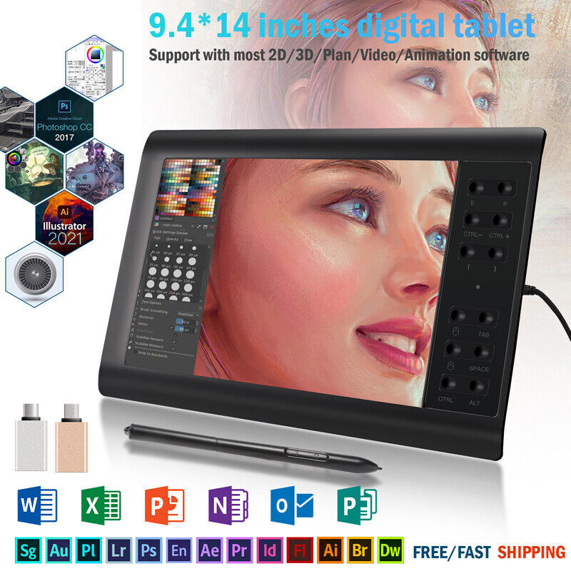 10x6 inch Digital Drawing Tablet HD Screen Graphics tablet with Battery-free Pen