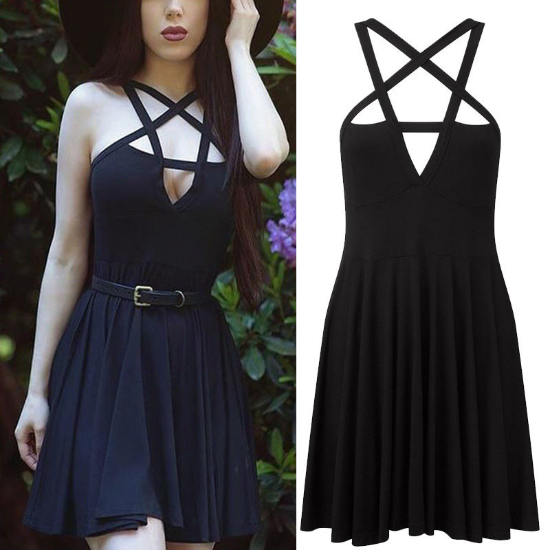 Retro Womens Gothic Strappy Skater Party Backless Mini Dress Lace Up Sundress