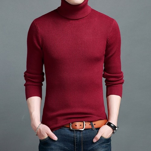 Turtleneck Mens Cardigan Sweater High Neck Pullover Slim Fit Wool Blend Knitwear