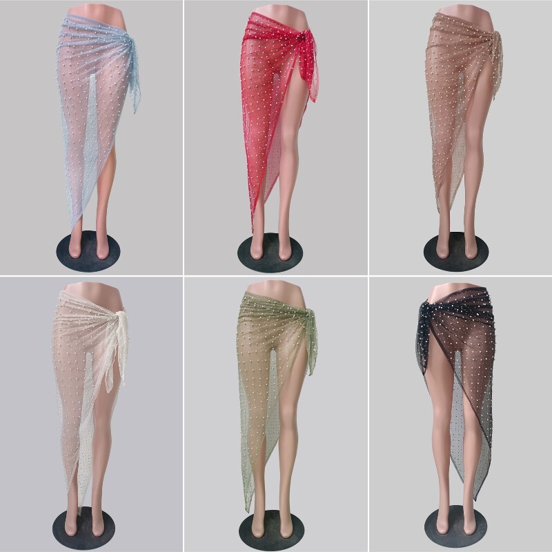 Women Asymmetrical Mesh Skirts Beaded Rhinestone Lace-up Sheer Summer Beach