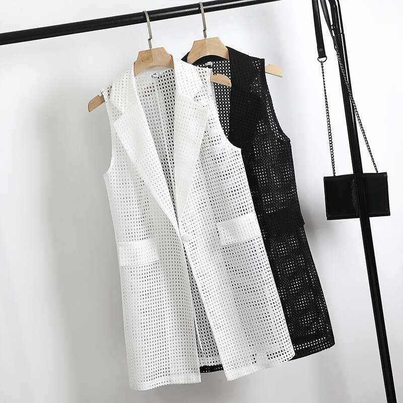 Gilet Blazer Femme Creux Mesh Mi-Long Col Châle Sans Manches Boutonné