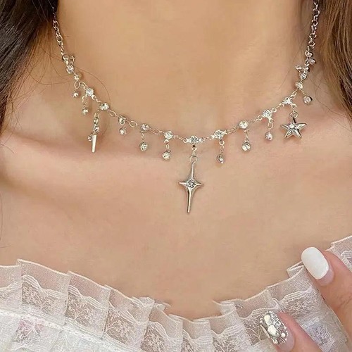 Harajuku Four Pointed Star Tassel Necklace for Women Gift Jewelry