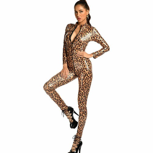 Women Wetlook Leopard Print Leather Catsuit Bodysuit 2-Way Zipper Shiny Jumpsuit