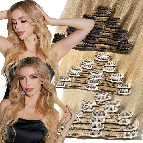 Thick Double Weft Clip In Real Remy Human Hair Extensions Full Head Highlight US