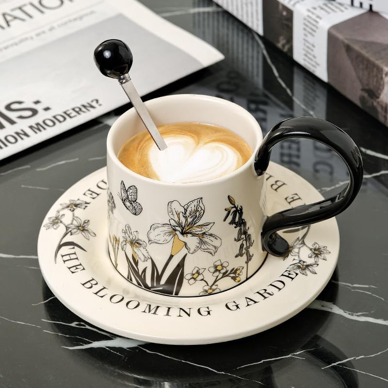 Ceramic Coffee Cup Set，Ceramic Coffee Cup and Saucer Set，Vintage Floral Coffee M