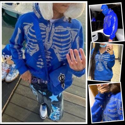 Rhinestone Skeleton Fashion Gothic Men Women Blue Hoodie Sweatshirt Zip  Jacket