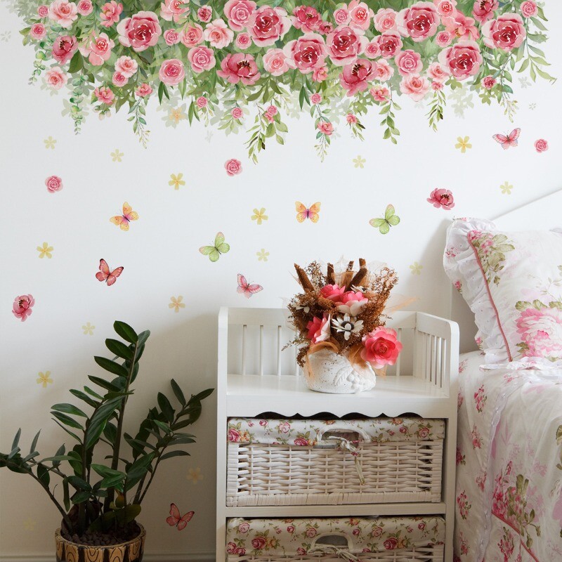 PVC Floral Rose Wall Sticker Flower Butterfly Decals Decor for Bedroom Home DIY