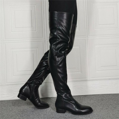 Women's Thigh High Boots Ladies Over The Knee Motor Low Heel Flats Shoes 5-12.5