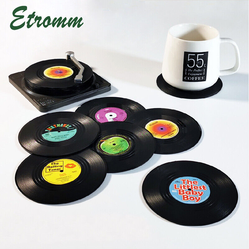 Set Of 7 Coasters With Holder Coffee Tea Milk Cup Pad Mat Non-slip Record Cd