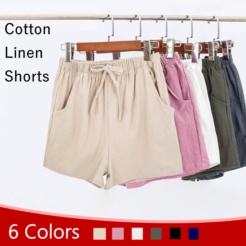 Women Cotton Linen Shorts Pants Trousers Thin Elastic Waist A-line Solid