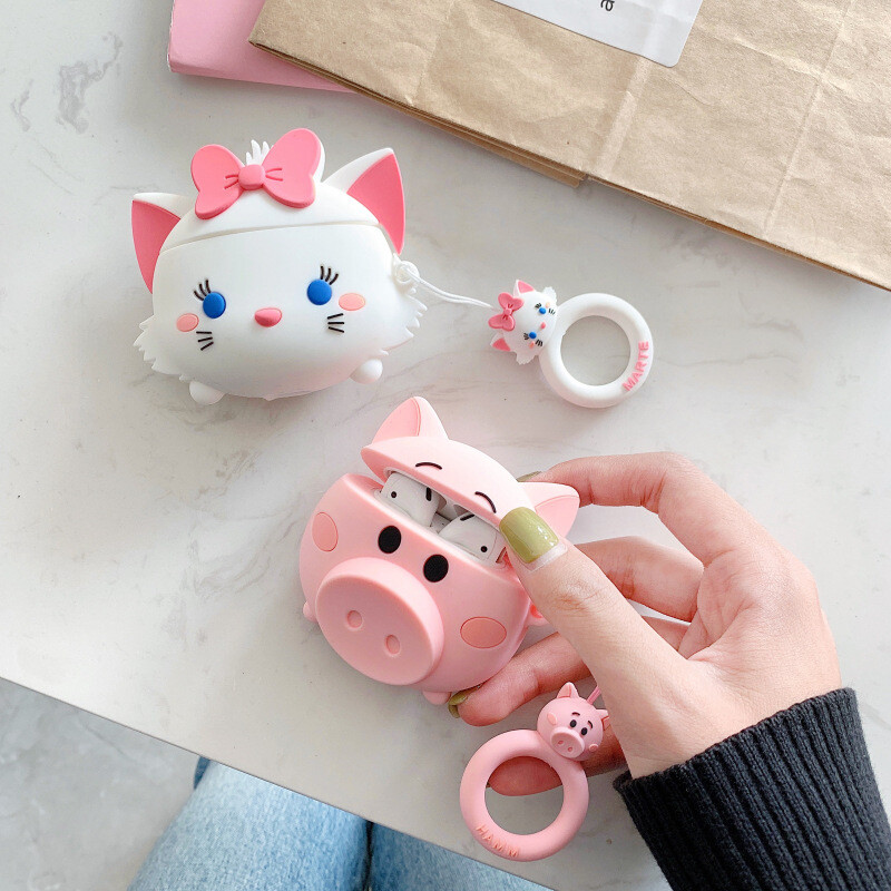 cute pink  pig white cat  AirPods Silicone Case  Protective 