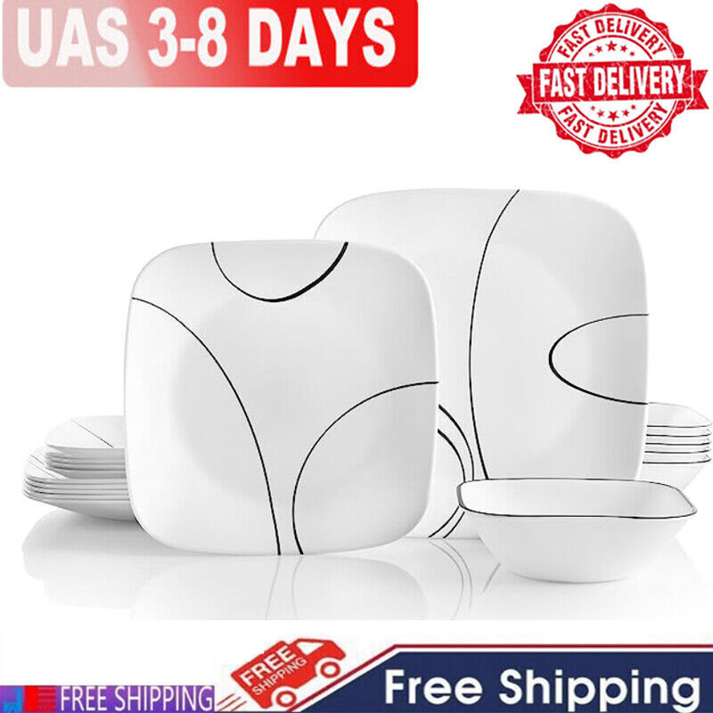 18-Piece Simple Lines 3-Layer Glass Dinnerware Set Square Plates and Bowls Set