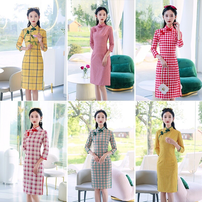 Women Check Cheongsam Chinese Midi Dress 3/4 Sleeve Prom Qipao Party Ball Gown