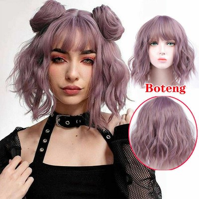Short Wavy Bob Wigs With Bangs Synthetic Wig For Women Cosplay