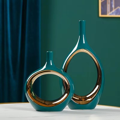 2Pcs Dark Green Hollow Vase Gilded Ceramic Flower Arrangement Crafts .