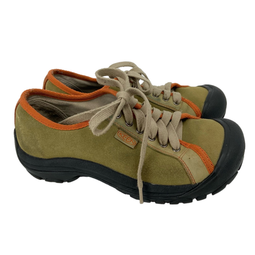 Keen Leather Lace Up Sneaker Shoes Olive Green Orange Trim Women's Size 9.5
