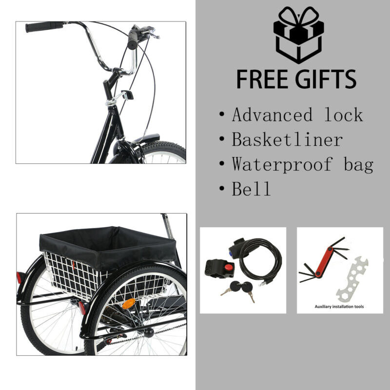26" 7-Speed Adult Trike Tricycle 3-Wheel Bike w/Basket for Shopping Black