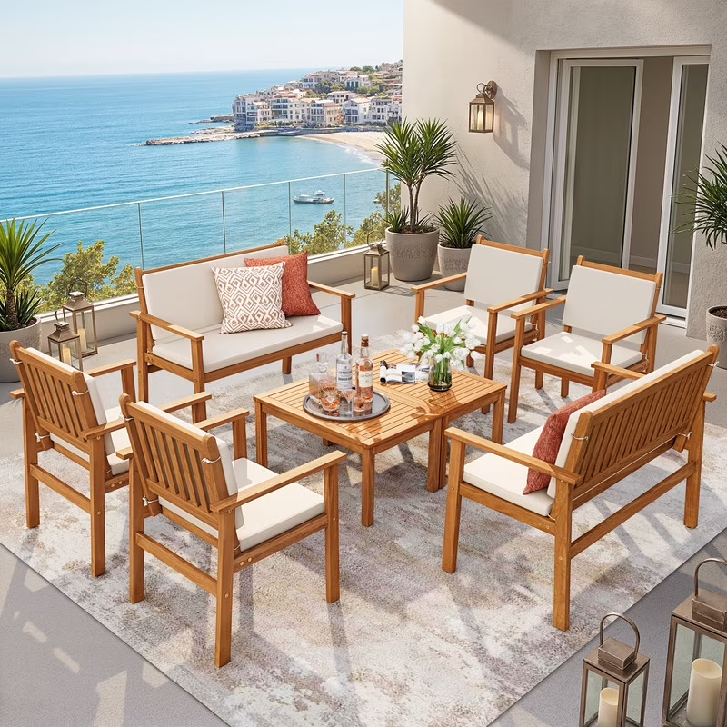 8 Pcs Acacia Wood Patio Conversation Set, Outdoor Furniture Se...