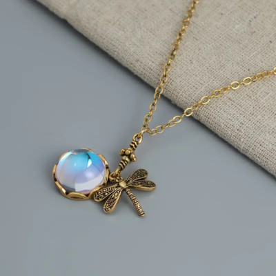 Vintage Bohemian Moon Dragonfly  Faux Opal Pendant Necklace Jewelry Gift Women