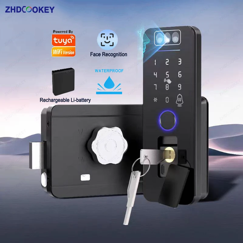 Waterproof 3D Face Recognition Rechargeable Smart Lock with Doorbell & APP Contr