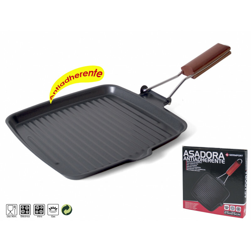 Bistecchiera 25x25cm Antiaderente Con Manico In Legno sus
