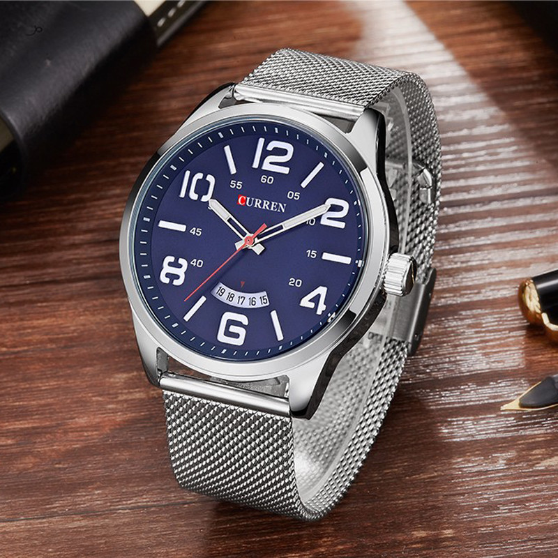 Orologio Da Polso Curren 8236 Uomo Analogico Quarzo Military Data Silver Blu lac